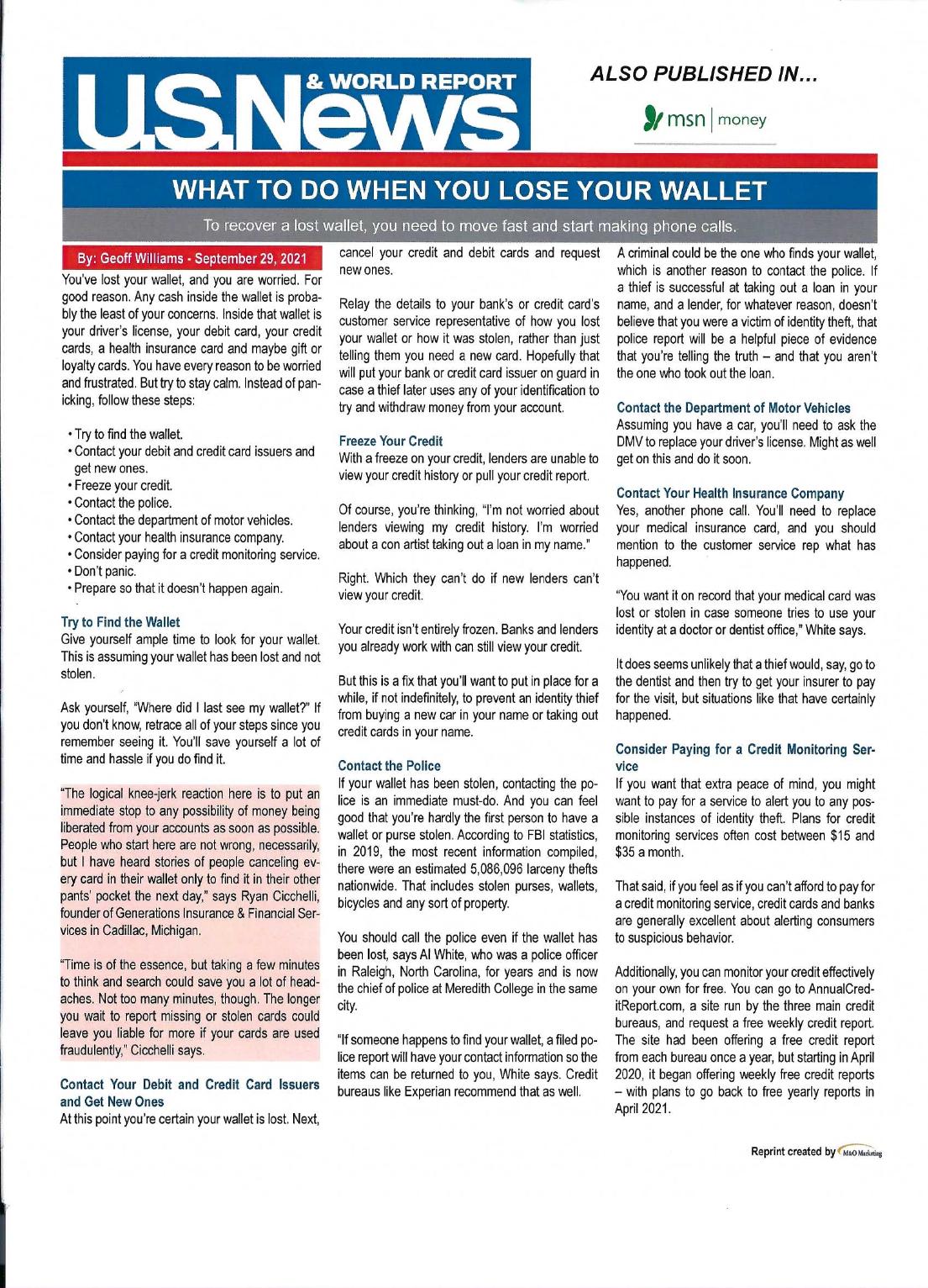 U.S. News & World Report article: What to Do When You Lose Your Wallet