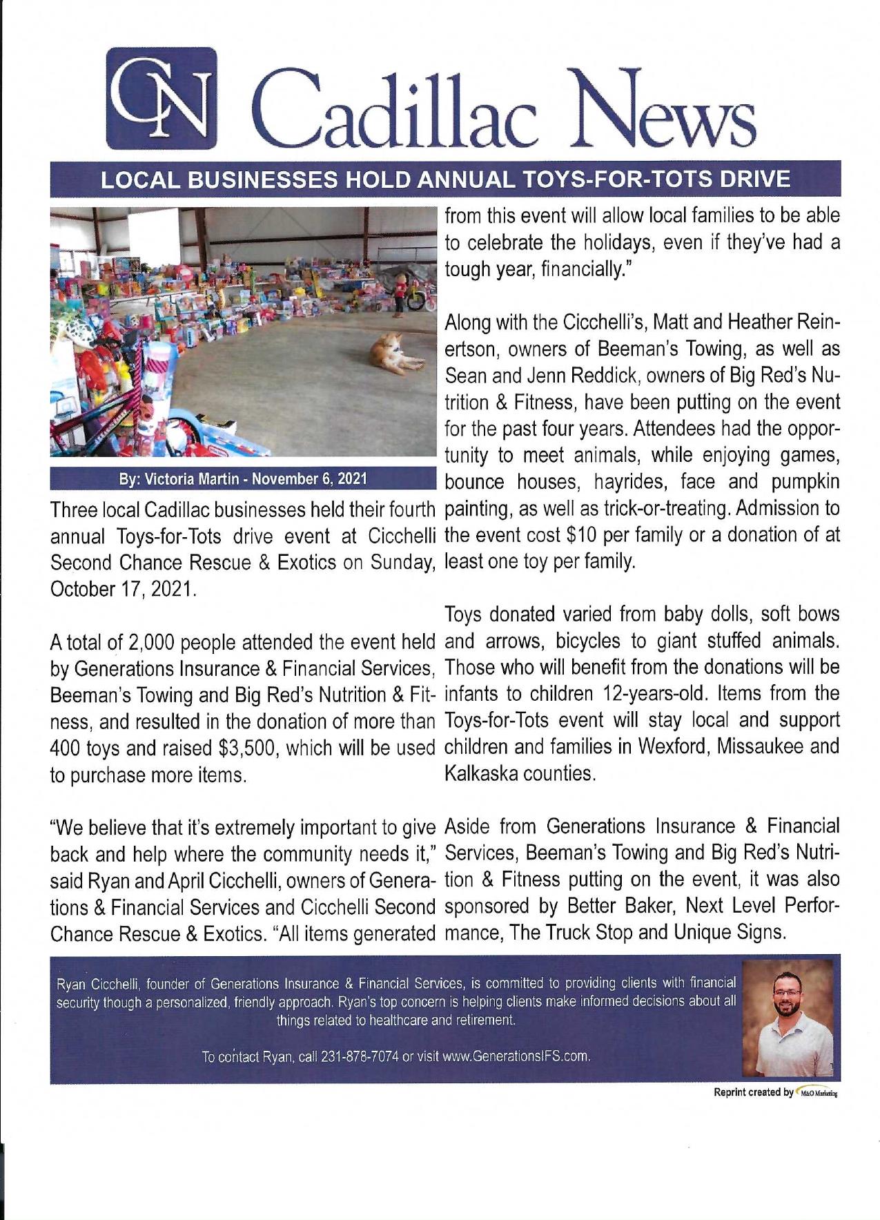 Cadillac News article: Local Businesses Hold Annual Toys-for-Tots Drive