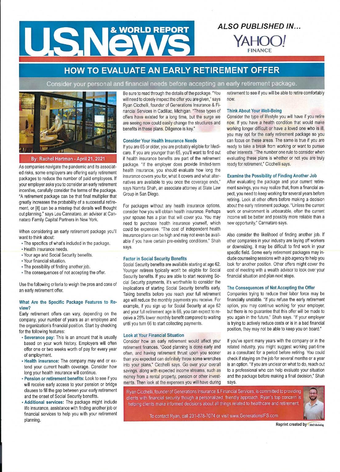 U.S. News & World Report article: How to Evaluate an Early Retirement Offer